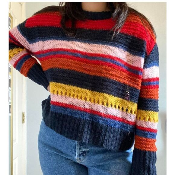 Moon and Madison Multicolor Striped Sweater Anthro Open Knit Dopamine Slouchy. S - Picture 1 of 9